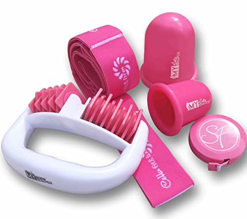 Stephanie Franck Beauty Cellulite Geräte Set Nr. 3 - ein Körper Massage Roller, 2 Saugglocken S+L, 1 Fitnessband und 1 Zentimeterband (rosa)