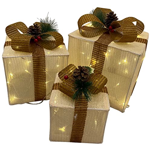 Weihnachtsdeko Päckchen 3-er Set mit 60x LED Beleuchtung, große Ausführung 25x25cm, beige mit braunen Schleifen, Innen und Außen