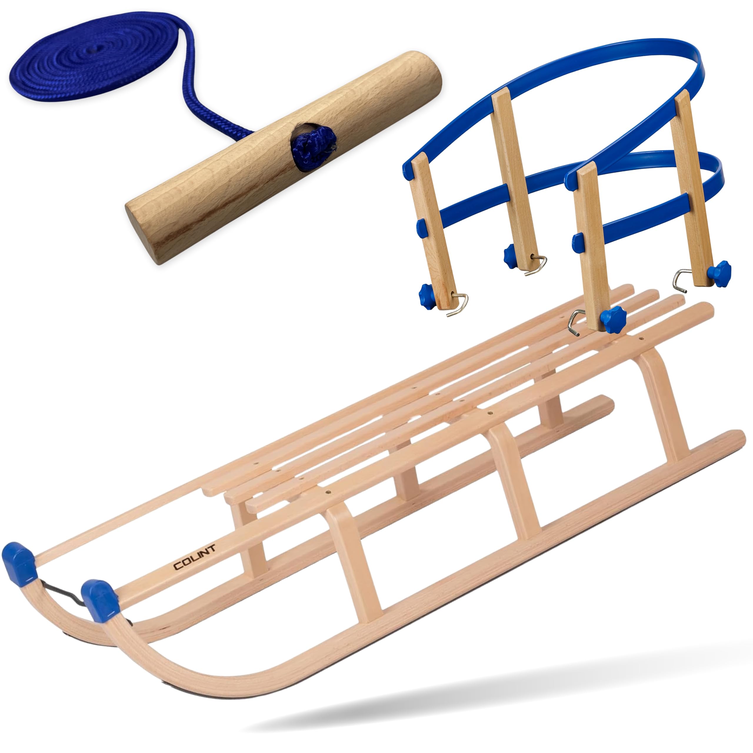 Explorer Colint Holzschlitten mit Rückenlehne für Kinder ab 1 Jahr und Erwachsene Set Schlitten Davos mit Leine und Kunststoff/Holz Lehne in Blau 110cm