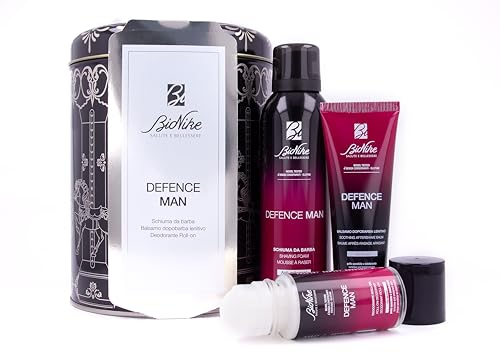 BioNike Geschenkset für Herren Defence Man – Anti-Reizung Rasierschaum 200 ml, beruhigender Aftershave-Conditioner 75 ml und Dry Touch Deodorant für Achselhöhlen Roll-On 50 ml
