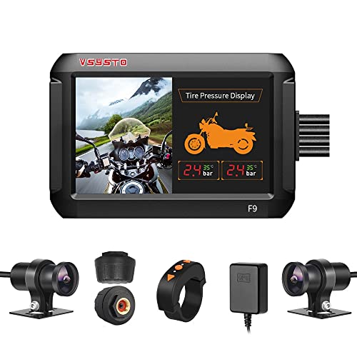 VSYSTO Motorrad-Kamera, 10.2 cm (4 Zoll), wasserdichter Bildschirm, Vorder- und Rückansicht 150 Grad, Reifendrucküberwachungssystem, GPS-Griffhalterung, Dual 1080p Motorrad DVR
