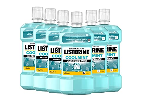 Listerine Cool Mint, Milder Geschmack, Antibakterielle Mundspülung ohne Alkohol, Für gesunde Zähne, 6 x 600 ml