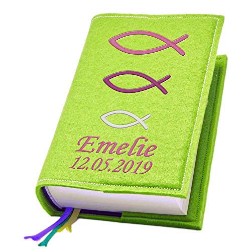 Evangelische Gesangbuchhülle Gesangbuch Fische pink Filz mit Namen bestickt mittlere Ausgabe, Farbe:maigrün