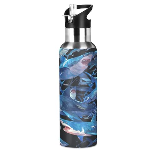 Blaue Wildhaie Fische Tier Trinkflasche Wasserflasche mit Strohhalm für Sport, 600ML Thermosflasche BPA-frei Isolierflasche Edelstahl 18/8 für Kinder Wandern Schule