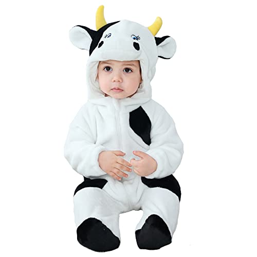 Doladola Babys mit Kapuze Onesies Flanell Frühling Strampler Pyjama Bekleidung Karikatur Tier Jumpsuit für mädchen und Junge(24-30 Monate,Schwarzweiß-Rinder)