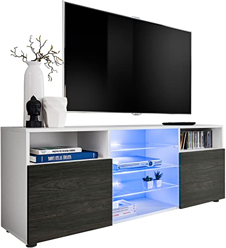 ExtremeFurniture T38 TV Lowboard, Karkasse in Weiß Matt/Front in Carbon Holz mit LED in RGB