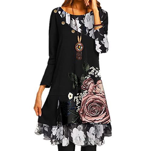 Damen Chiffon bedrucktes Loses Kleid elegant Langarm für Frühling und Herbst (Schwarz mit großen Blumen, XL)