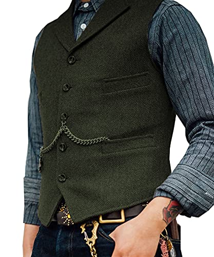 Herren Anzug Weste Wolle Tweed Slim Fit Freizeit Baumwolle Männliche Business-Weste For Hochzeits-Groomsmen Sleeveless (Color : Army Green, Size : L.)