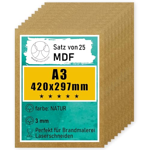 woodmanucom A3 MDF Platten | 420 x 297 x 3 mm | Bastelplatte Dünne Holz-Platten | Perfekt für Laser, CNC Router, Laubsäge, Modellierung (25 Stück natürlich)