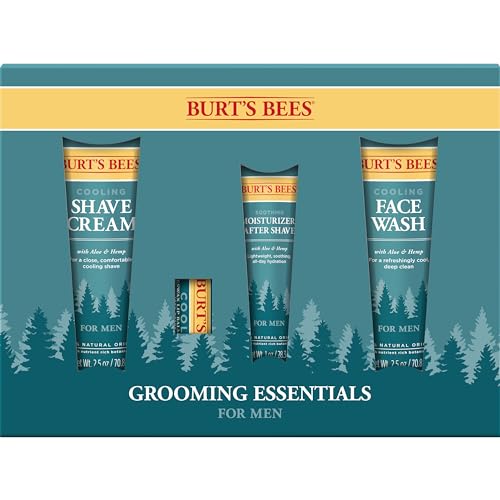 Burt's Bees Gifts, 4 Products for Men, Grooming Essentials Kit - Cooling Face Wash, Shave Cream Soothing Moisturizer, After Shave & Original Beeswax Lip Balm
