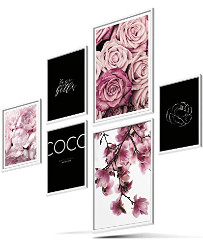 BLCKART Infinity Premium Poster Set Bilder COCO Stilvolle Magnolien Rosen Poster Schlafzimmer Deko | 2x A3 | 4x A4 (COCO FLORAL ROSE PINK BLACK | 6er, Ohne Rahmen)