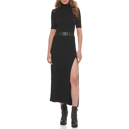 DKNY Women's Short Sleeve Mock Neck Maxi Dress with PU Details, Black, L