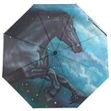 ISAOA Automatischer Faltschirm Pferde Malerei Schwarz Laufen Reise kompakt winddicht Regenschirm