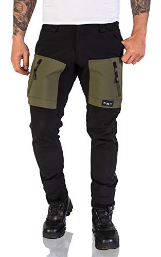 Rock Creek Herren Softshell Hose Cargohose Outdoorhose Wanderhose Herrenhose Wasserdicht Skihose Arbeitshose Winter Hose H-196 Schwarz-DGrün M