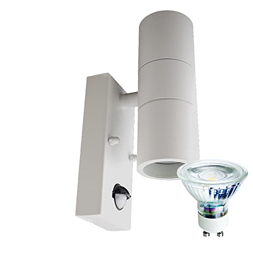 Hochwertige moderne Edelstahl-Außen-Wand-Leuchte-Lampe"Bornholm" 2W mit Sensor und Bewegungsmelder, Up-/Down-Light, weiß, inkl. LED-GU10 x 2 à 3,9W, IP44 (2-flammig LED)