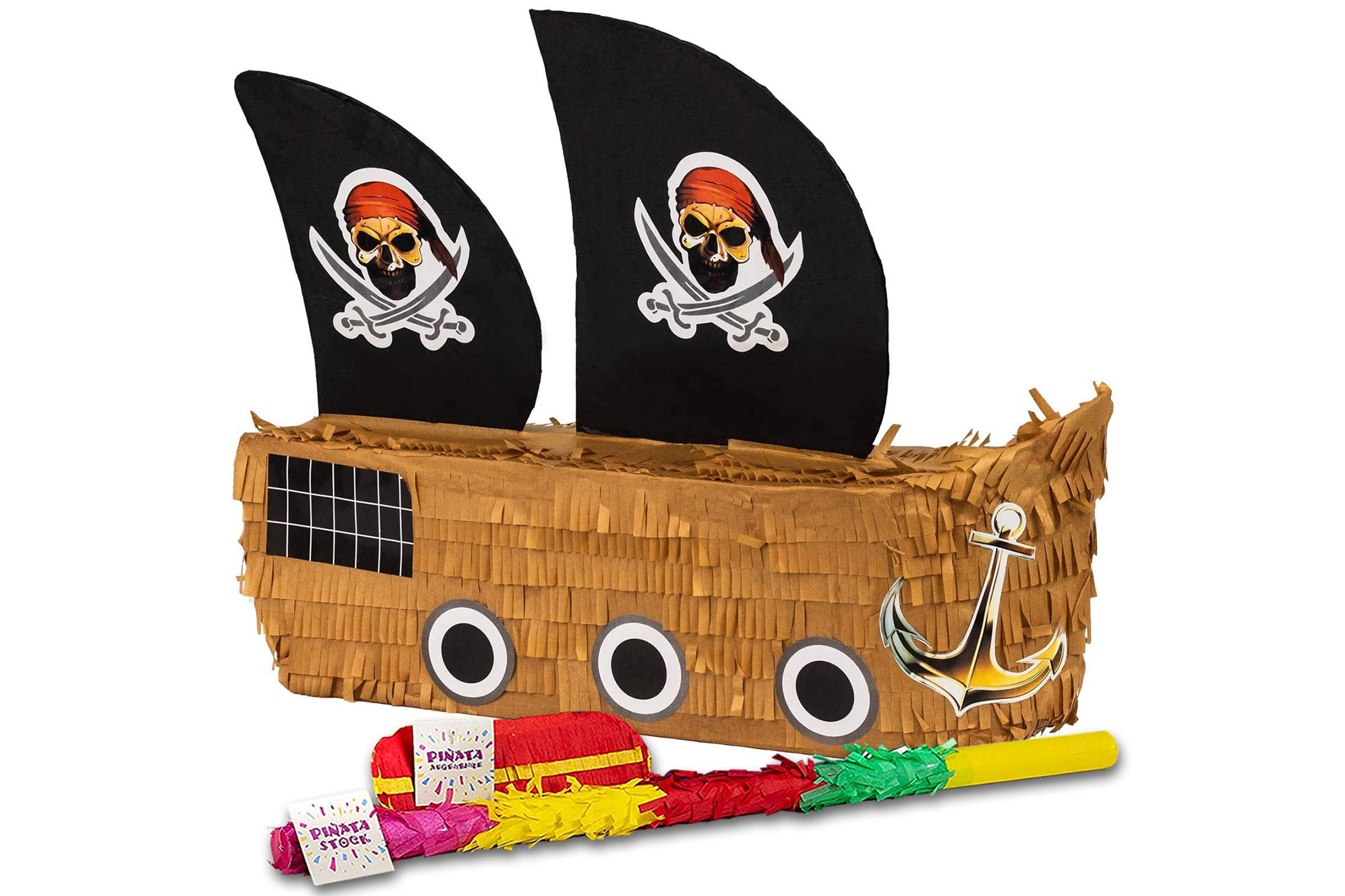 Trendario Pinata Set Piratenschiff, Pinjatta + Stab + Augenmaske, Ideal zum Befüllen mit Süßigkeiten und Geschenken - Piñata Piraten Schiff für Kindergeburtstag Spiel, Geschenkidee, Party, Hochzeit