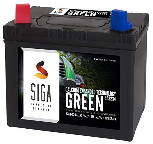 SIGA Green Rasentraktor Aufsitzmäher Batterie 32Ah 12V Aufsitzrasenmäher statt 26Ah 28Ah 30Ah + Plus Pol Links (32Ah Plus Links)