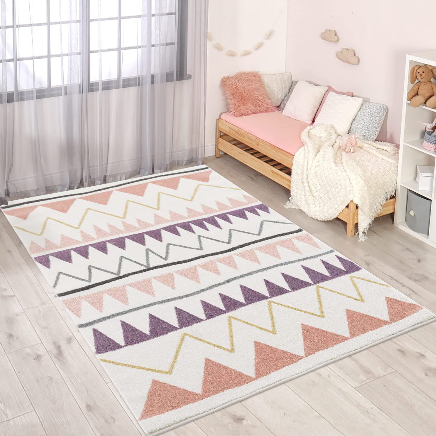 carpet city Kinderteppich - Zickzack-Motiv 160x230 cm Creme Rosa - Kinderzimmer Teppich Modern Mädchen