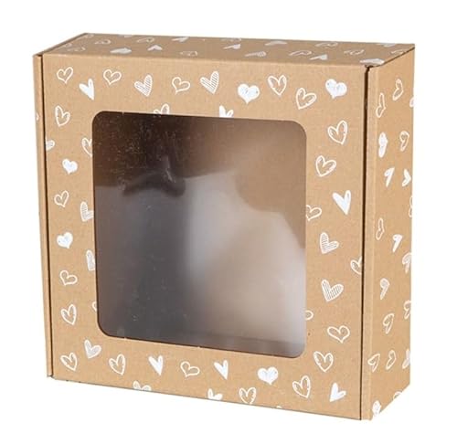 PIMKO 100 Packungen 20x20x5 braunes Kraft karton mit Herzchenaufdruck mit Durchsichtigem PVC Fenster Gebäck Dekorative Box Geschenkbox Für Süßigkeiten, Kekse Und Anderes Kunsthandwerk