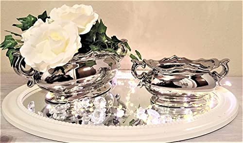 2er-Set Dekoschalen Keramikschale Dekovase Vase Hochzeitsdeko Übertöpfe Silber Blumenvase Pflanzgefäße Tisch-Deko Silber Blumenschale Vasen Silberschale Blumengefäß Nostalgie Dekoschale mit Fuß