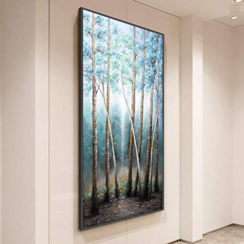 Schwarzer gerahmter Wandkunstdruck, Original-Ölgemälde, Bäume auf Leinwand, nordisches Poster, Wandkunstbild für Raumdekoration, 55 x 110 cm (22 x 43 Zoll)