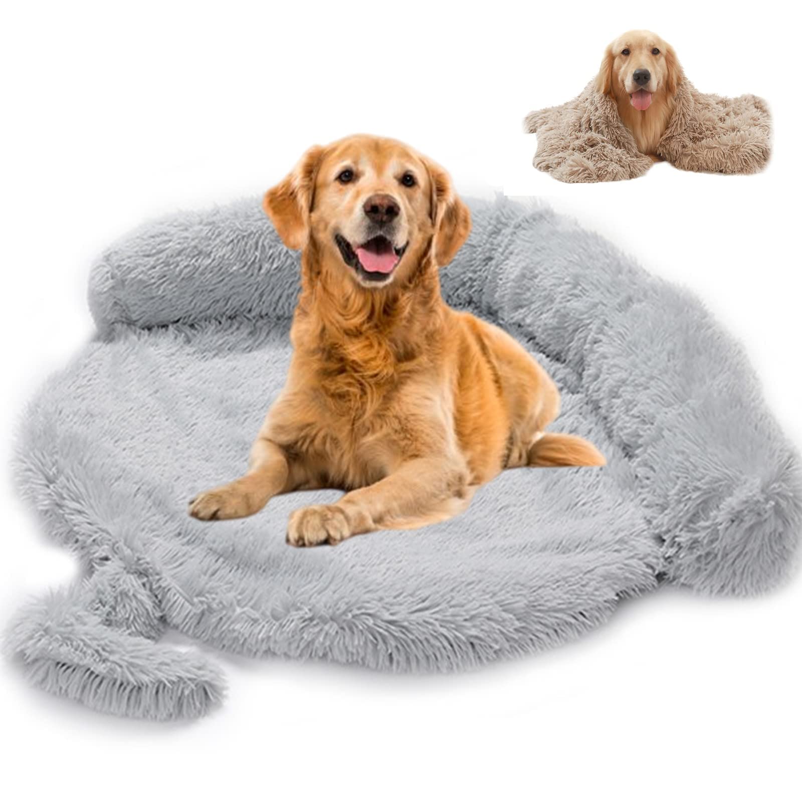 Hundedecke Couch für Sofaschutz Hund 2-in-1 Waschbar Plüsch Orthopädische Hundebett Decke mit Rutschfester Unterseite Bequeme Hundematratze für Hundekäfig Haustierbett Abnehmbar (L,Hellgrau B)