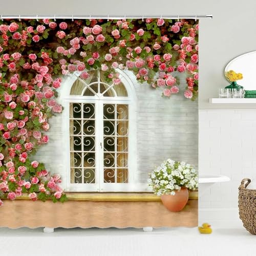 Rumlly Wasserdichter Duschvorhang, rosa Blume, Badvorhänge, Badezimmer, Polyesterstoff mit Haken, schicke Heimdekoration, Badvorhang, 180 x 220 cm