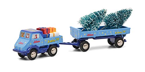 Schuco 450527700 Piccolo Unimog 401, 2020, mit Anhänger, Baum, Geschenke, Modellauto, Christmas Edition, Weihnachten, Limitierte Auflage, Maßstab 1:87, blau