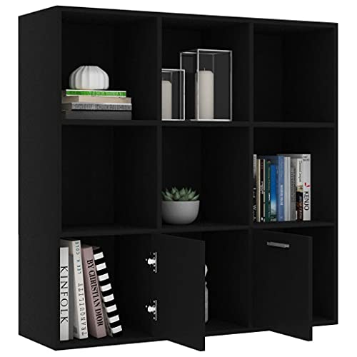 Ksodgun Bücherregal für den Innenbereich, Schwarzes Spanplatten-Bücherregal 98x30x98 cm - mit 7 Fächern und 2 Türen