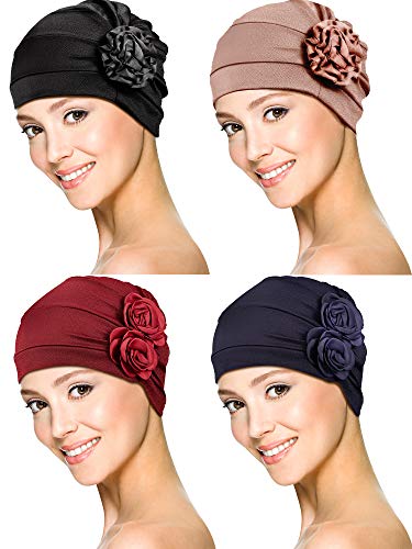 WILLBOND 4 Stücke Turban Blume Kopfwickel Mütze Schal Kappe Haar Ausfall Hut für Männer und Frauen