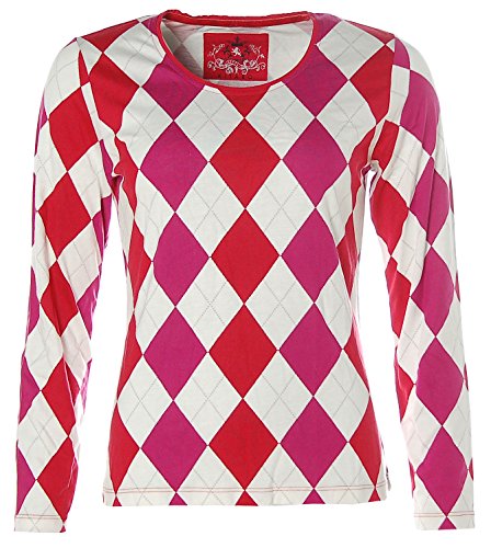 Kitaro Damen Women Langarm Shirt Rundhals Rauten Rot/Pink/Weiß M