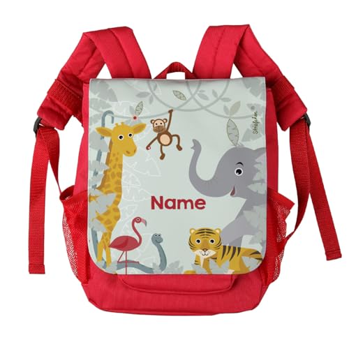 Striefchen® Rucksack für Kinder in Rot - Dschungeltiere - mit Aufdruck des Namens