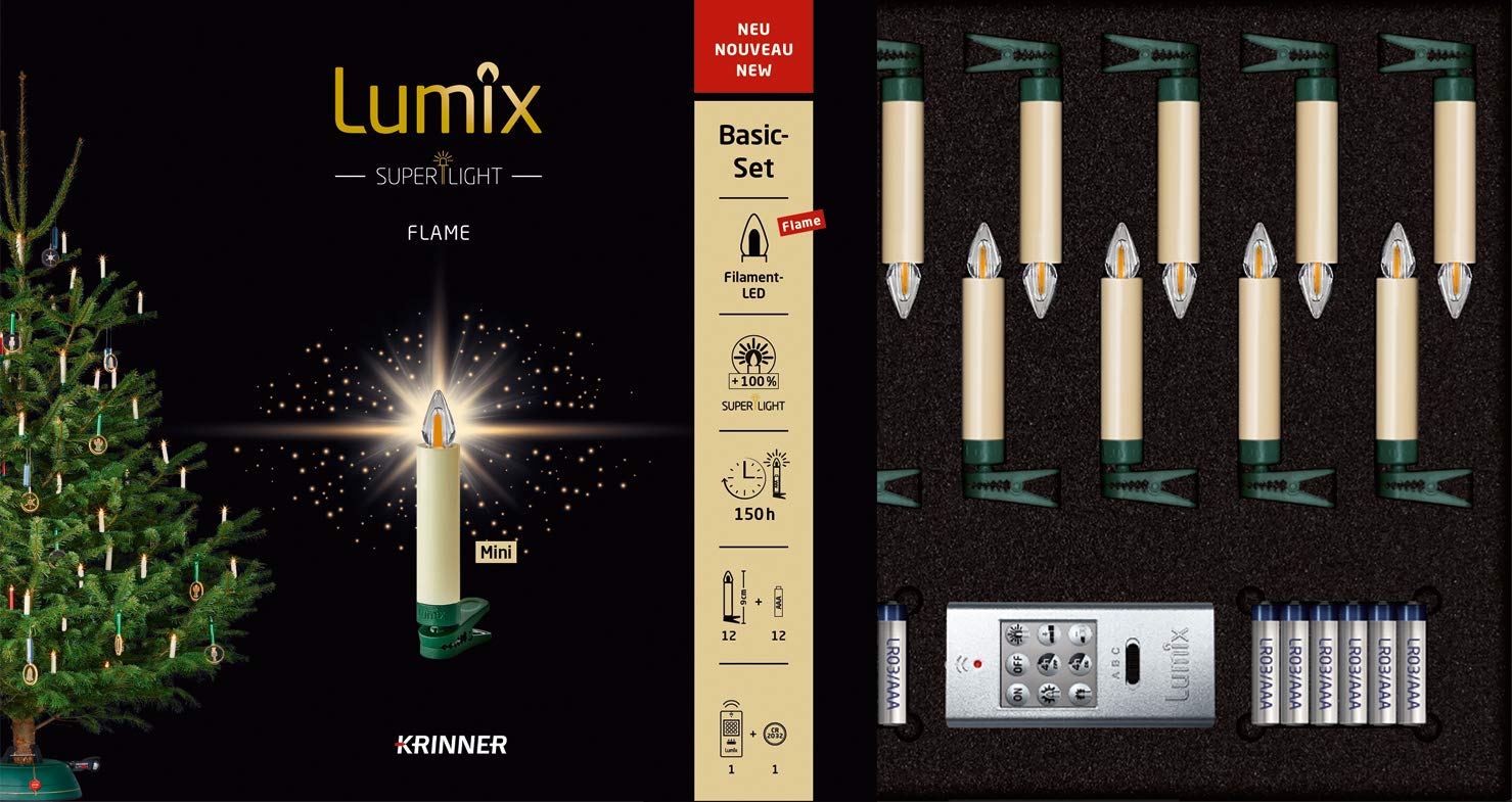 KRINNER Lumix LED kabellose Weihnachtsbaum Christbaumkerzen SuperLight Flame 12er Basis-Set , Kunststoff, Warmweiß inkl. Fernbedienung Timer Elfenbein 9cm 77122 ,