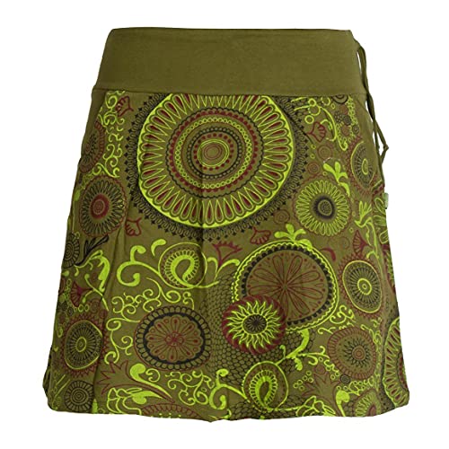 Vishes - Alternative Bekleidung - Kurzer Damen Baumwoll-Rock Bunt mit Mandalas und Blumen Bedruckt Olive 34