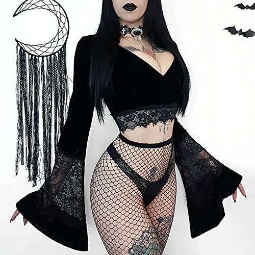 ZYONG Goth sexy Frauen Crop top flaume Langarm Spitze aushöhlen schwarz t-Shirt Gothic Retro weibliche v-Neck Tops elegant topg