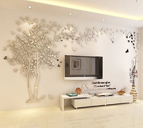 DIY 3D Riesiger Baum Paar Wandtattoos Wandaufkleber Kristall Acryl Malen Wanddeko Wandkunst (L, Silber, Recht)