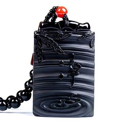 BAWHO Wunderschöner handgefertigter natürlicher Obsidian geschnitzter chinesischer Bambus-Buddha-Glücksamulett-Anhänger + Perlen-Halsketten-Modeschmuck QINTINYIN