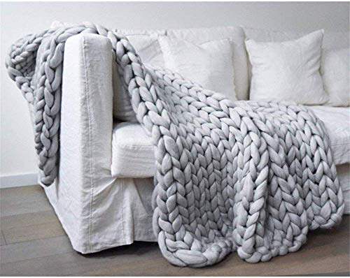 EXQUILEG Gestrickte Decke Grobe Handgefertigt Strickdecke Wolle Arm Garn Haustier Bett Stuhl Sofa Super Stricken Sperrig Chunky Wolldecke Zuhause Dekor Geschenk (Hellgrau,120 * 180cm)