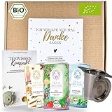 Tee Geschenkset 'Danke' – 3 Bio-Tees, Edelstahl-Teesieb & 48-seitiges Magazin 'Teewissen Kompakt' – Einzigartiges Dankeschön Geschenk für Tee-Liebhaber