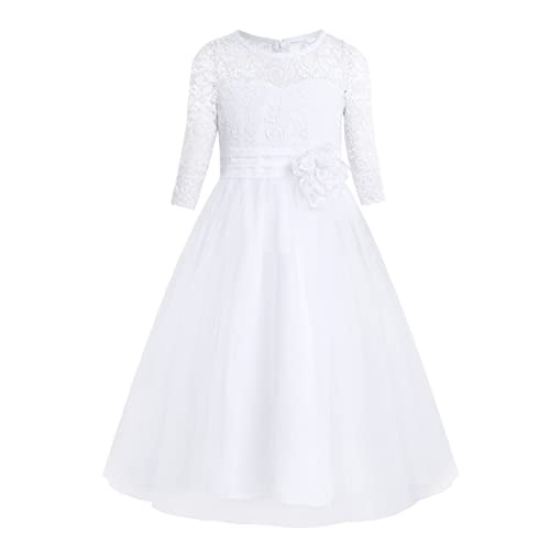 iixpin Mädchen Prinzessin Kleid Halb-Arm Weiß Kommunionkleid Party Kleid Spitze Festlich Festzug Brautjungfernkleid 104-164 Weiß 152