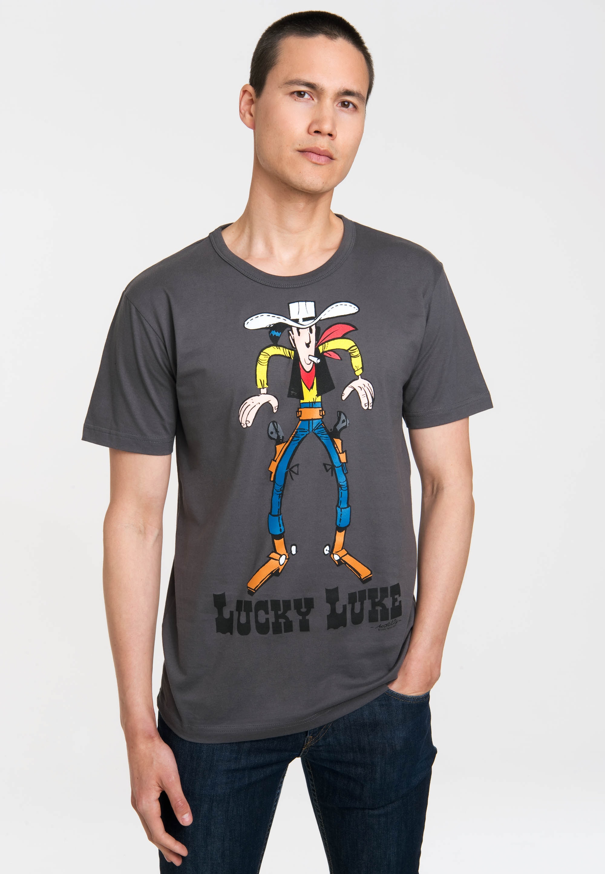 Logoshirt Comic - Cowboy - Lucky Luke - Showdown - T-Shirt Herren - grau - Lizenziertes Originaldesign, Größe L