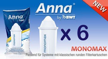 6 Anna Monomax Wasserfilter Kartuschen passend auch für Brita Classic, Pearlco