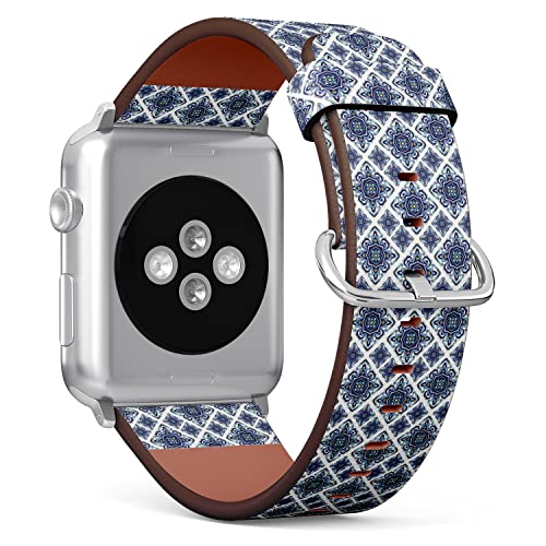IKIKI-TECH Kompatibel mit Apple Watch Armband 42 mm 44 mm 45 mm 49 mm (portugiesisches Azulejo Tiles blau-weißes Muster) Ersatzband aus veganem Leder für iWatch Serie 8 7 6 5 4 3 2 1 Ultra SE