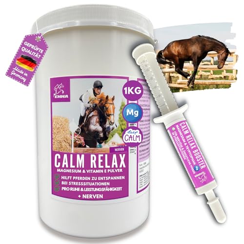 EMMA® Calm Magnesium Plus Vitamin E Selen fürs Pferd - Mineralfutter Pferde I Pulver + 1 Booster I Nerven, bei Stress I Sparset I Beruhigung Pferd 1 kg + 1 * 30ml