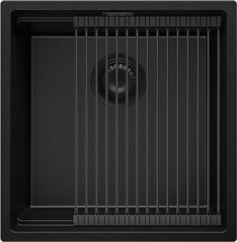 Spülbecken Schwarz 46x47 cm, Granitspüle 1 Becken + Ablauf-Set, Küchenspüle ab 50er Unterschrank, Einbauspüle von Primagran