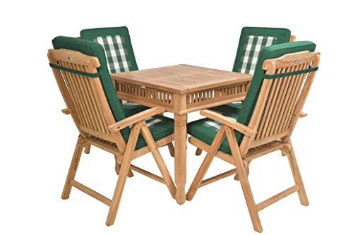 Rattanland | Gartenmöbel Set aus exotischem Teakholz “Sardinien” Tisch 80cm x 80cm x 74H mit 4 Toskana Stühle (5-stufige Rückenlehnenverstellung) V-legal zertifiziertes Holz (Premium grüne Kissen)