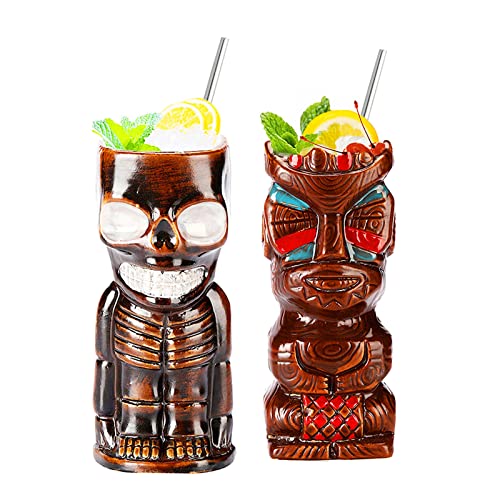 NUACOS Tiki Becher,Tiki gläser Set,Cocktail Becher,2-teiliges Cocktailgläser-Set,Tiki barzubehör,Hawaii-Party für Premium Tropische Tassen Getränke für exotische Party