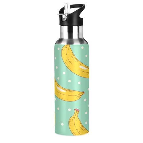 Pop Polka Dot Banane Trinkflasche Wasserflasche mit Strohhalm für Sport, 600ML Thermosflasche BPA-frei Isolierflasche Edelstahl 18/8 für Kinder Wandern Schule