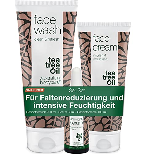 Anti-Aging Gesichtspflege-Set mit Teebaumöl - Waschgel, Creme und Serum für Faltenreduzierung, Linienverminderung und intensive Feuchtigkeit - Für Frauen und Männer