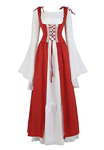 Josamogre Mittelalter Kleid Renaissance Damen mit Trompetenärmel Party Kostüm bodenlang Vintage Retro Costume Cosplay Rot M